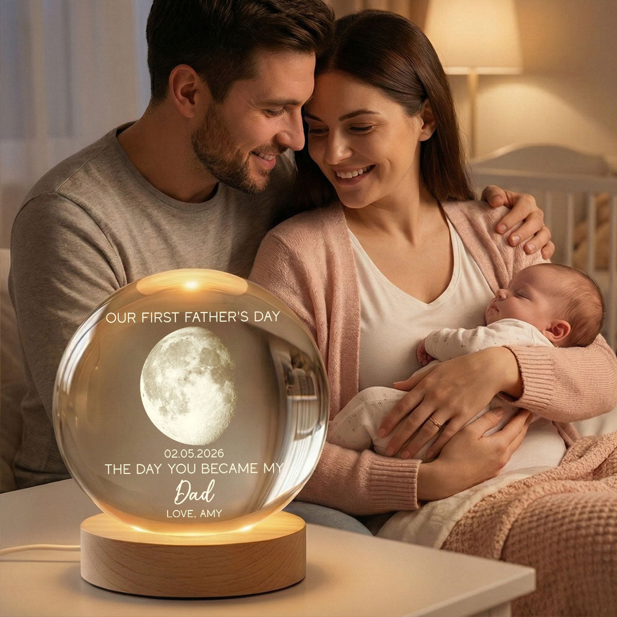 The Day You Became My Dad Custom Moon Phase First  - Personalized Crystal Ball LED Night Light - First  Gift For New Dad