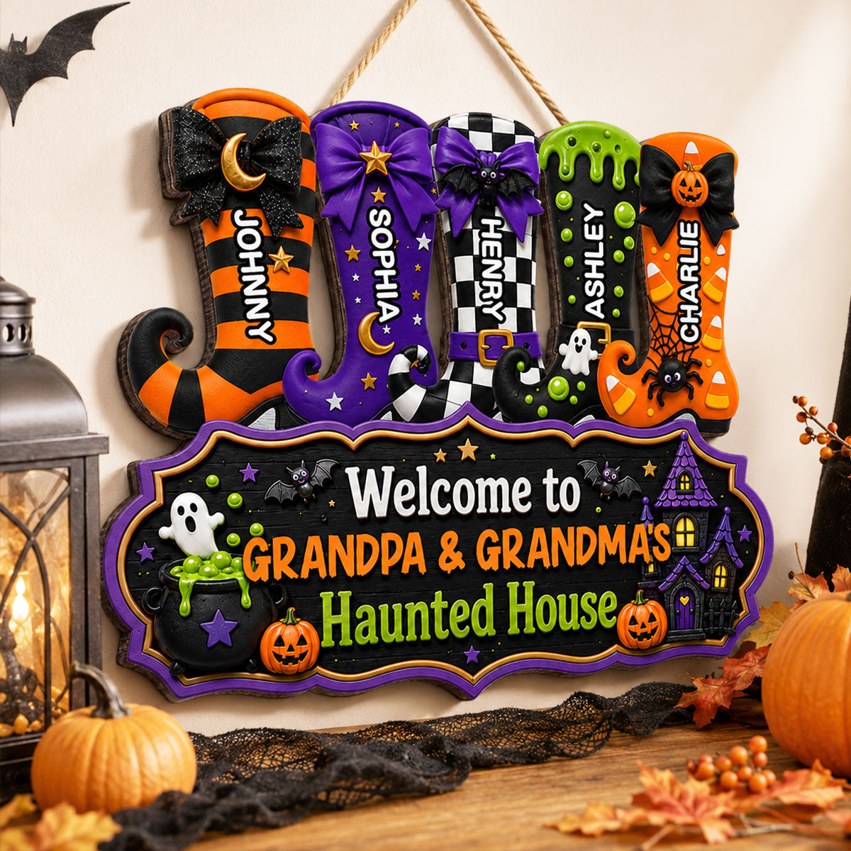 Whimsical Halloween Welcome To Grandma Grandpa Haunted House Witch Boots - Personalized Wood Sign - Halloween Decoration For Grandparents