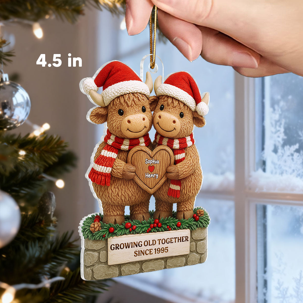 3D Effect Christmas Highland Cows Couple Growing Old Together - Personalized Acrylic Ornament - Gift For Couple