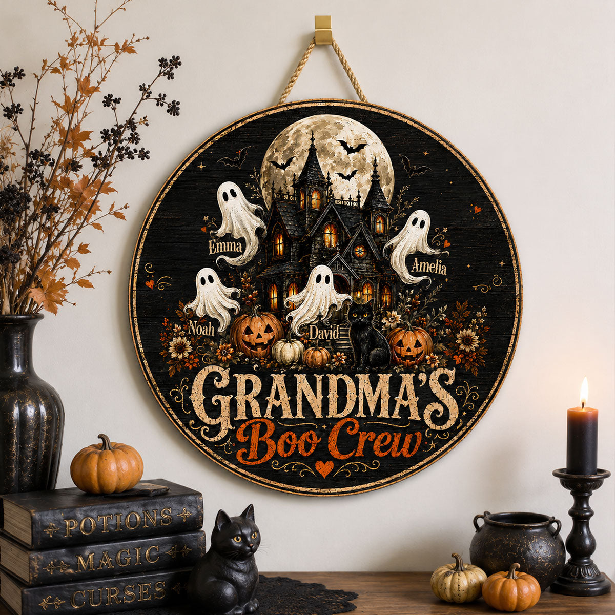 Grandma's Boo Crew Halloween Haunted House - Personalized Wooden Door Sign - Halloween Decor for Grandma