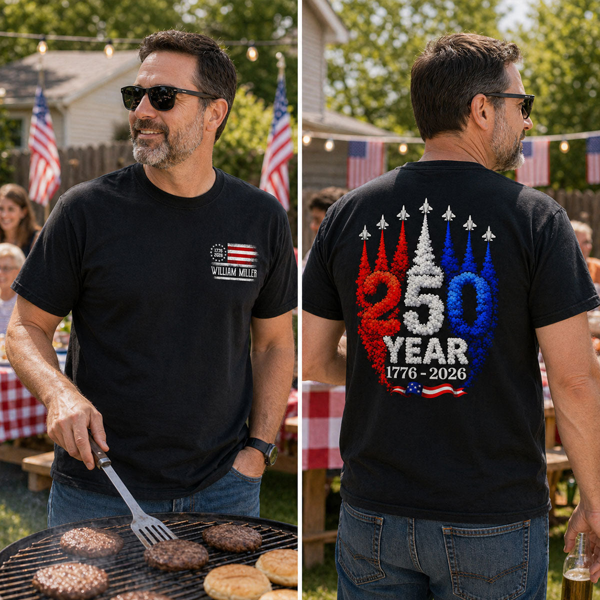 250 Years American Flag Red White Blue Jet Smoke Custom Name - Personalized Shirt - United States 250th Anniversary USA Patriotic