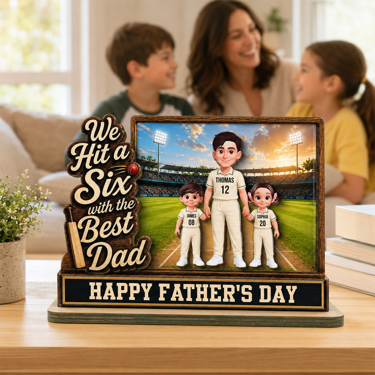 Hit A Six With The Best Dad Cricket Dad & Kids On Field 2D Flat - Personalised 2-Layered Wooden Plaque -  Gift For Husband, Dad