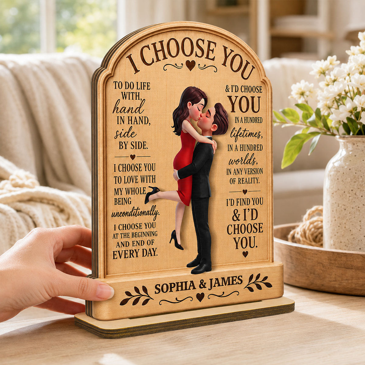 I Choose You Couple Couple Hugging Kissing 2D Flat - Personalized 2-Layered Wooden Plaque - Anniversary Gift Keepsake For Couples