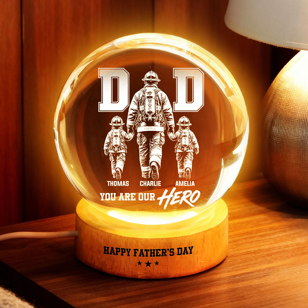 Proud Firefighter Dad You Are Our Hero - Personalized Crystal Ball LED Night Light -  Gift For Dad, Husband