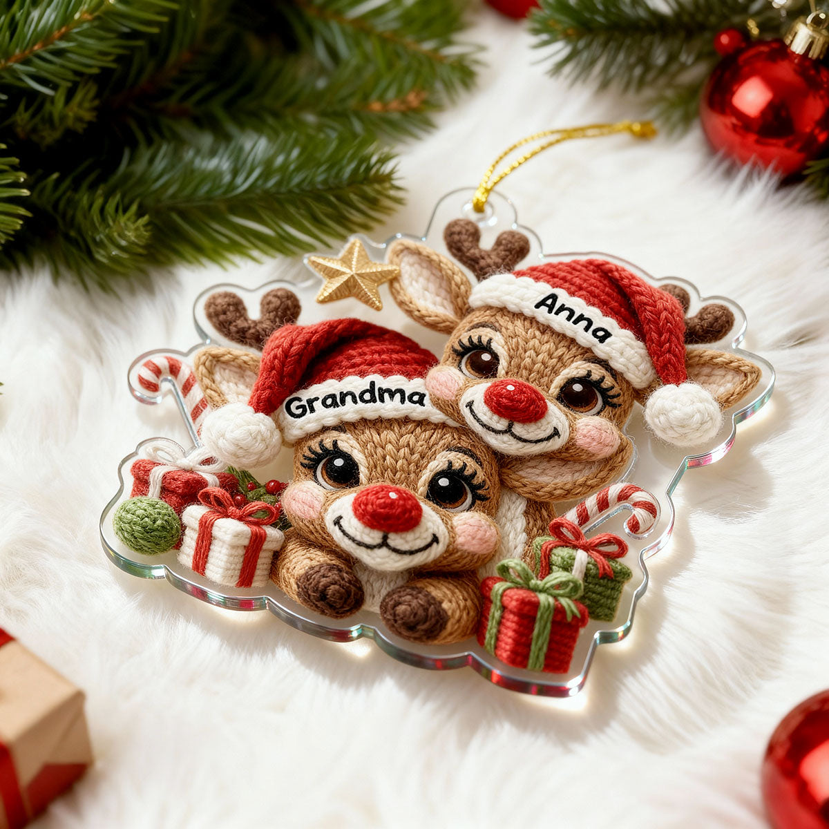 3D Effect Faux Yarn Grandma & Grandkids Reindeer Christmas - Personalized Acrylic Ornament - Gift for Grandma, Grandkids