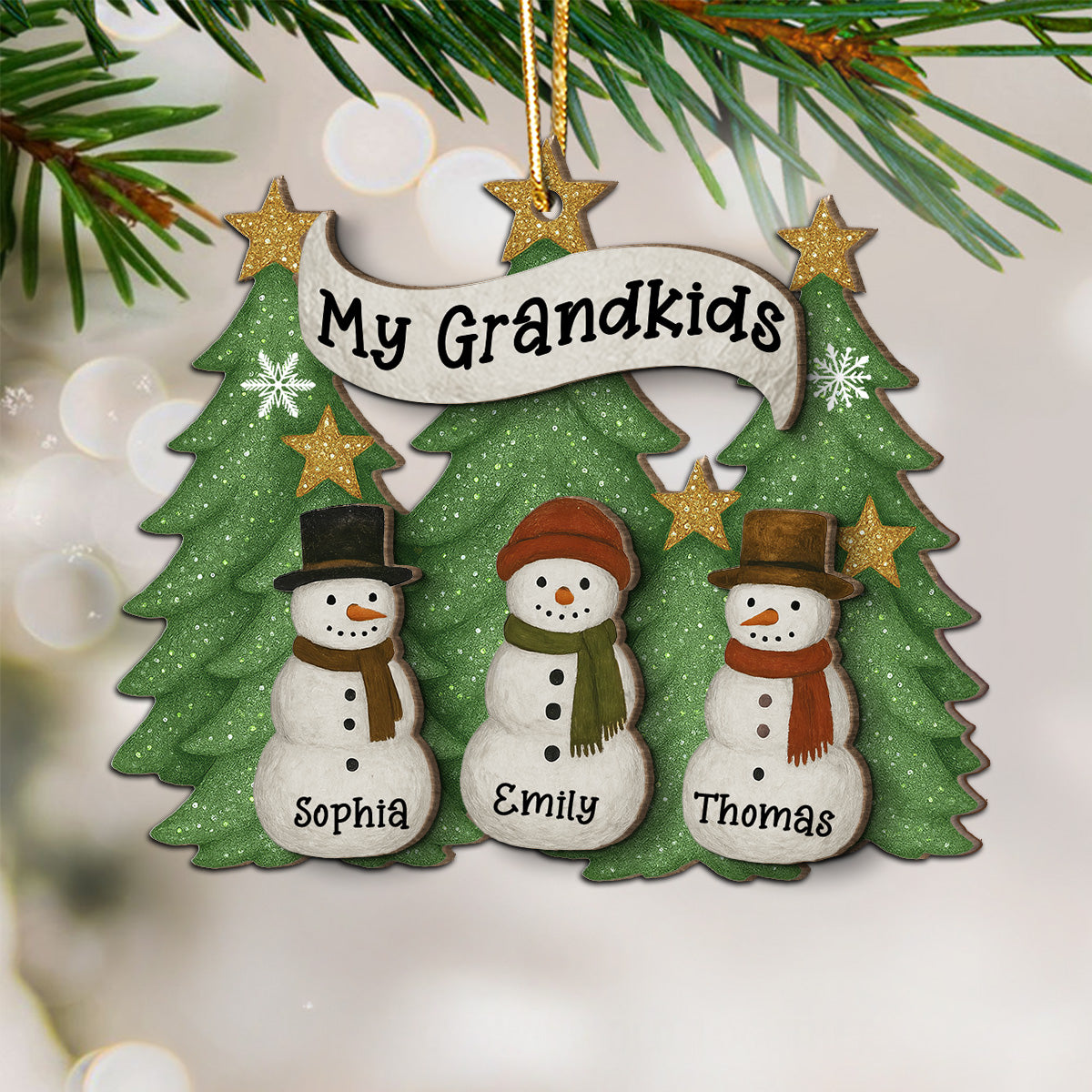 Snowman Grandparent Grandchildren Family Christmas Tree - Personalized 2-Layer Wooden Ornament