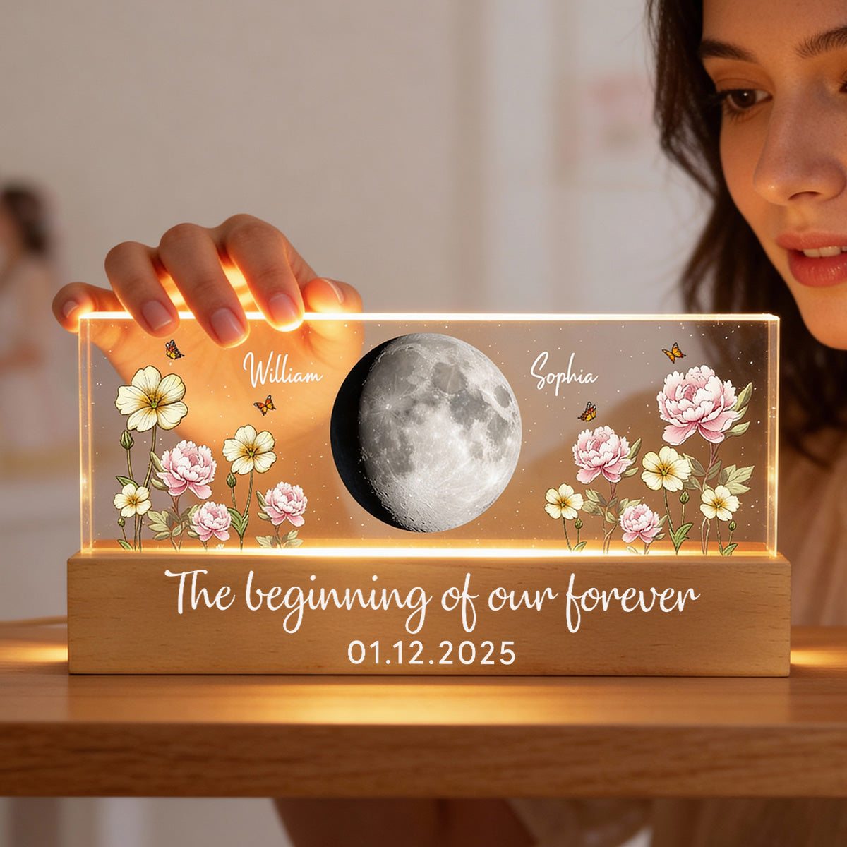 Custom Couple Birth Month Flowers Our Moon Custom Moon Phase Art - Personalized Acrylic Block Plaque LED Night Light - Gift For Couple