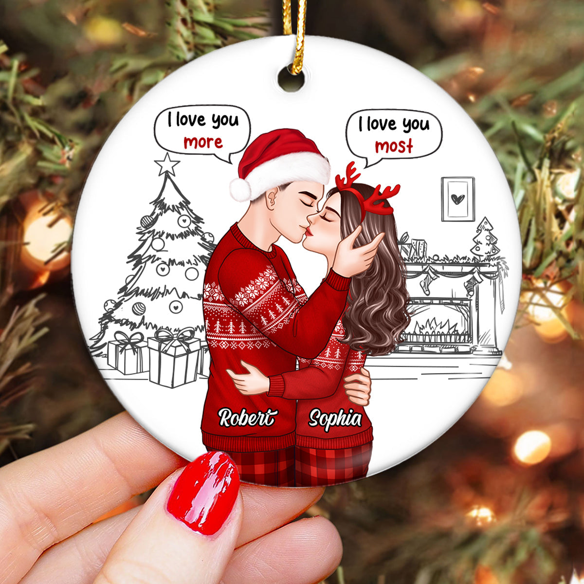 Christmas Outline Romantic Doll Couple Kissing I Love You More Most Personalized Circle Ornament
