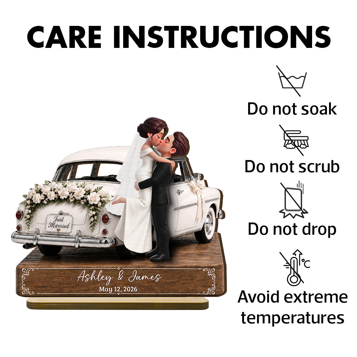 Newlywed Couple Wedding Car 2D Flat - Personalized Wooden Plaque - Wedding Gift Anniversary Gift Newlywed Gift