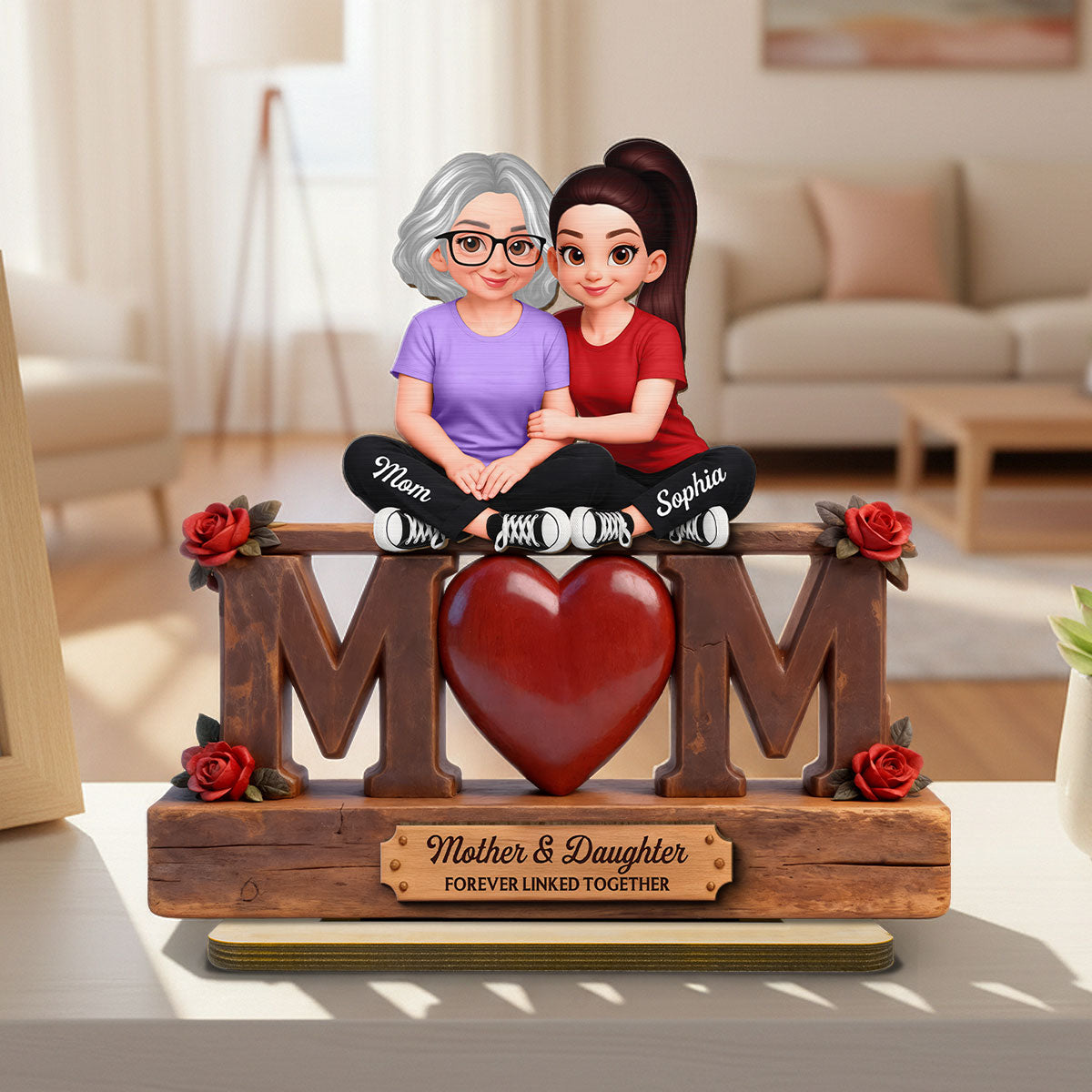 Rose MOM And Daughter Forever Linked Together - Personalized 2-Layered Wooden Plaque - Gift For Mom