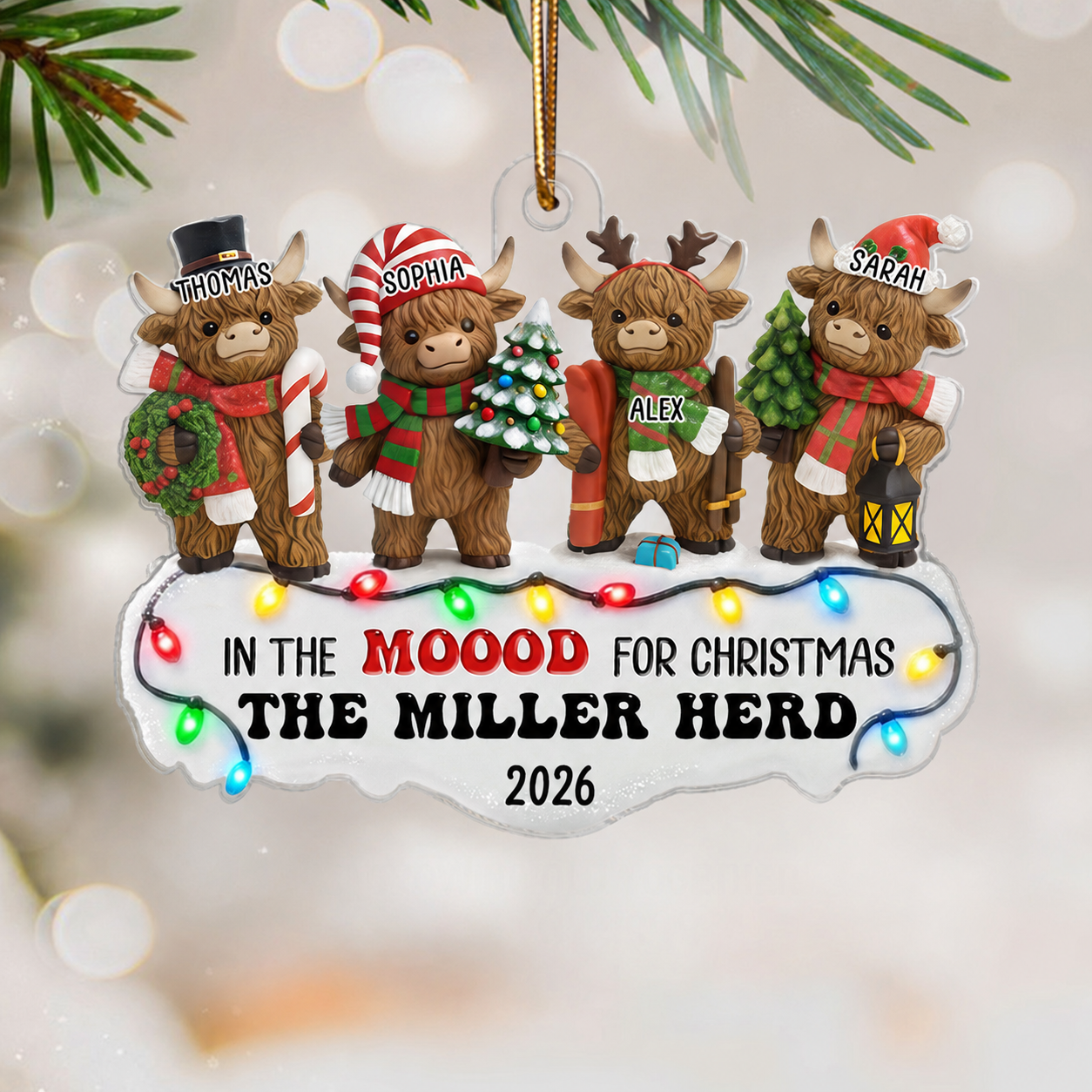 3D Effect Highland Cows Standing Family Herd In The Moood For Christmas - Personalized Acrylic Ornament