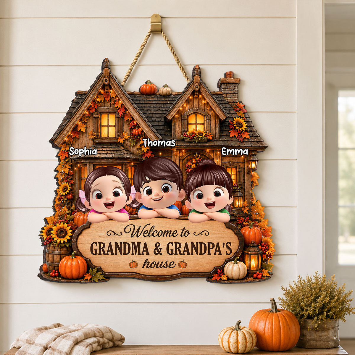 Welcome to Grandma Grandpa Fall Pumpkin House - Personalized Wooden Door Sign - Fall Thanksgiving Farmhouse Gift