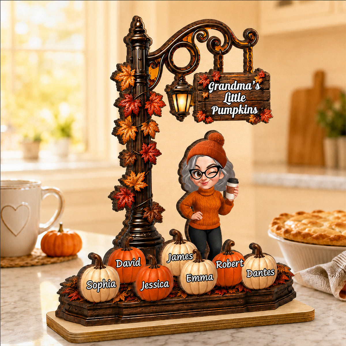 Grandma's Little Pumpkins Lamp Post - Personalized 2-Layered Wooden Plaque - Fall Season Decor Gift, Gift For Grandma