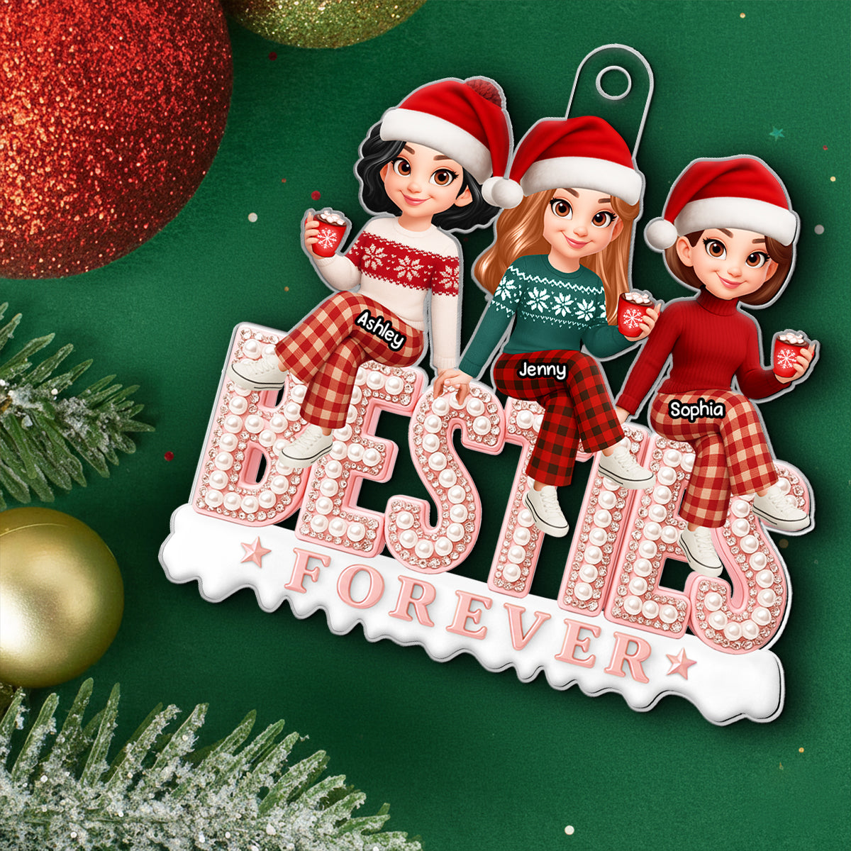3D Pearl Rhinestone Besties - Personalized Acrylic Ornament - Christmas Gift for Best Friends