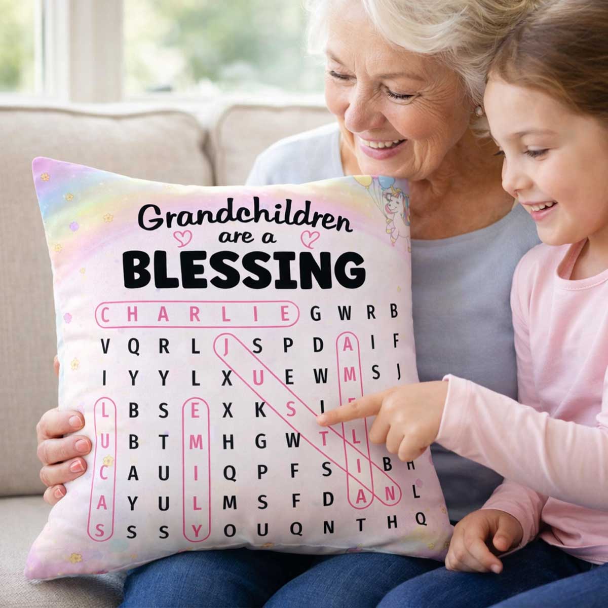 Grandchildren Are A Blessing Word Search Puzzle - Personalized Pillow - Heartfelt Gift for Grandma