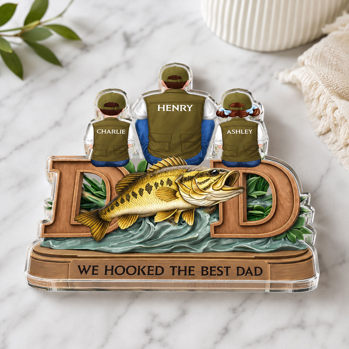 Fishing Dad And Kids Sitting Together - Personalized Acrylic Block Plaque - Heartfelt Gift For Fishing Dad, Husband