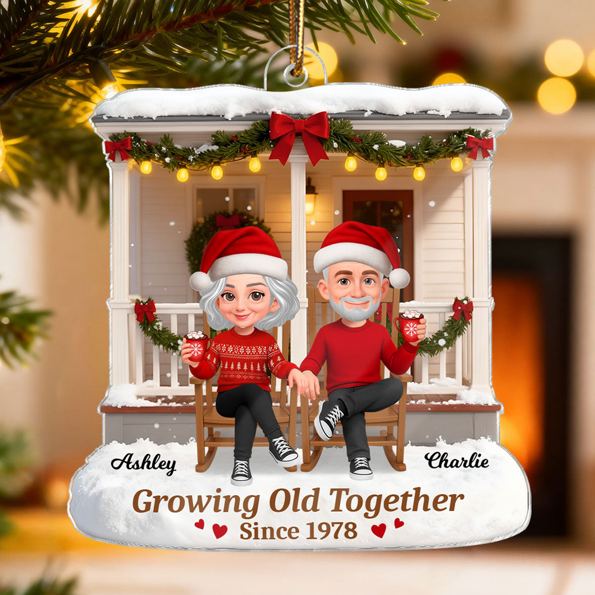3D Effect Christmas Couple Sitting On Front Porch - Personalized Acrylic Ornament - Heartfelt Gift For Couple