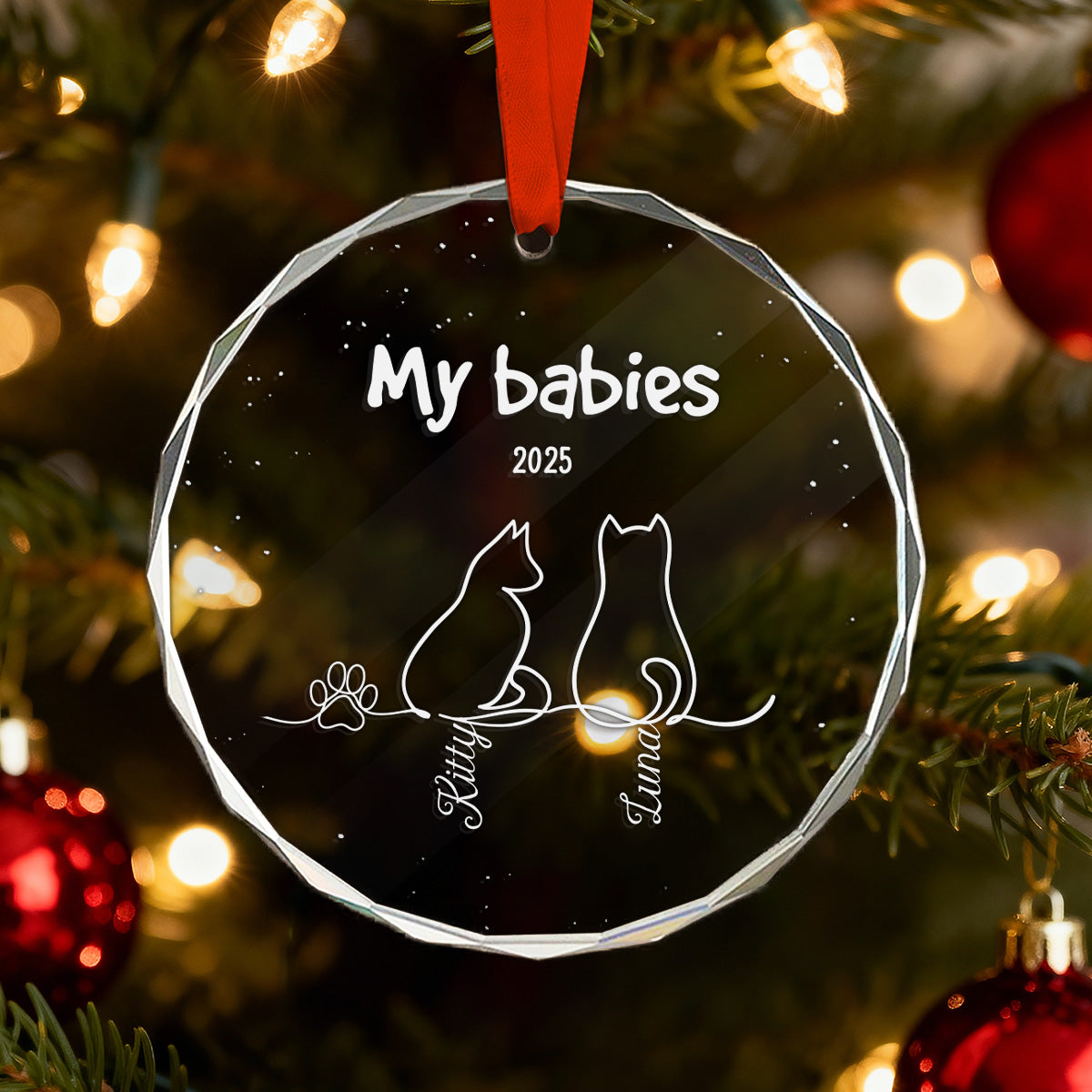 My Babies Cat Line Art - Personalized Glass Ornament - Christmas Ornament For Cat Lovers