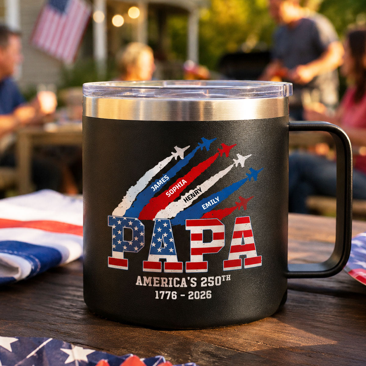 Proud Dad Grandpa Nation Flag American 250th Anniversary - Personalized Tumbler With Handle - Father's Day Gift For Patriotic Dad, Grandpa