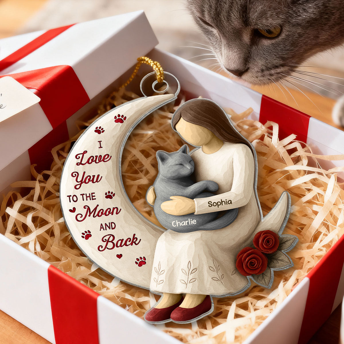 3D Effect Roses Wooden Texture Cat Mom On Moon - Personalized Acrylic Ornament - Christmas Gift For Cat Mom