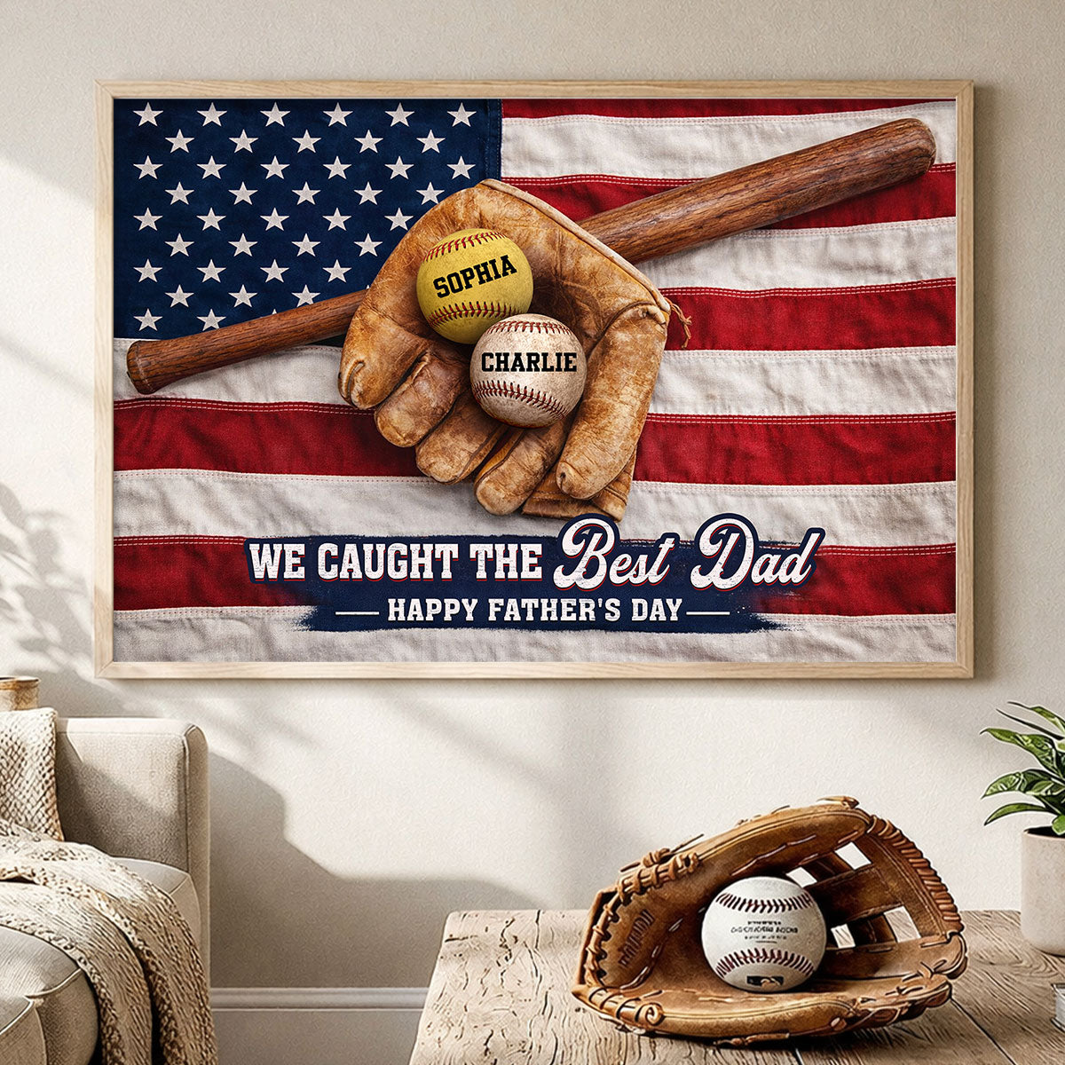 Baseball Nation Flag We Caught The Best Dad - Personalized Poster - Father's Day Gift for Dad, Husband
