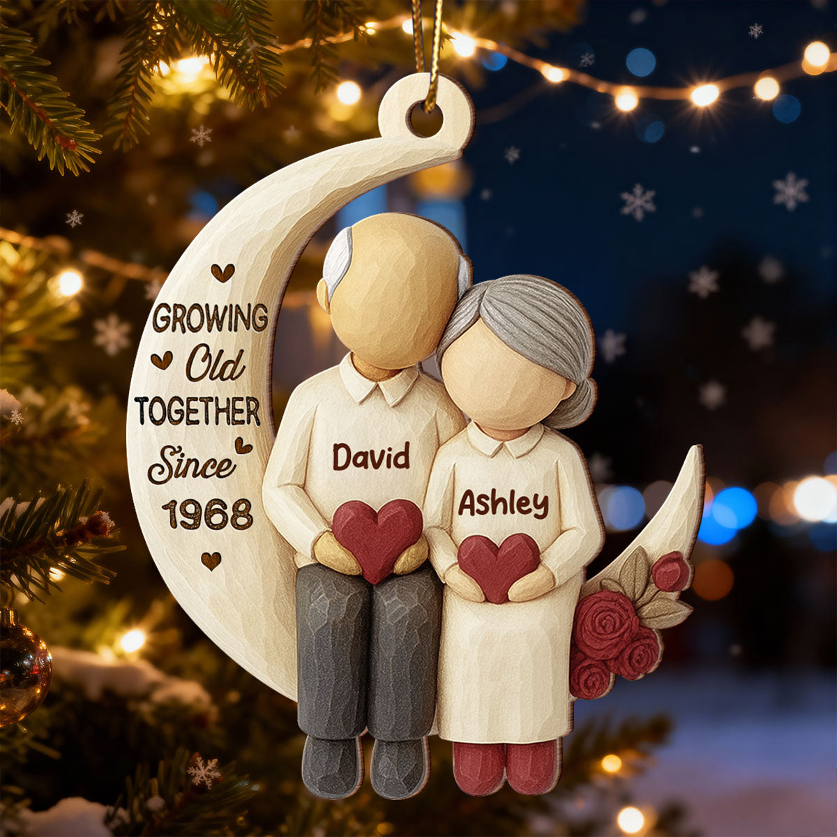 Old Couple Sitting on Moon - Personalized Wooden Ornament - Christmas Gift for him, Gift for her