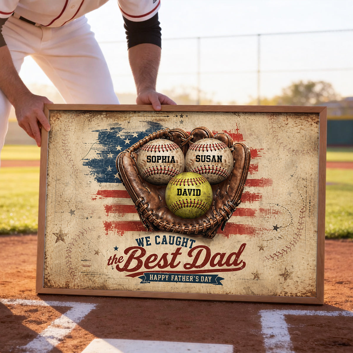 American Flag Baseball We Caught the Best Dad - Personalized Poster - Father's Day Gift for Dad, Husband