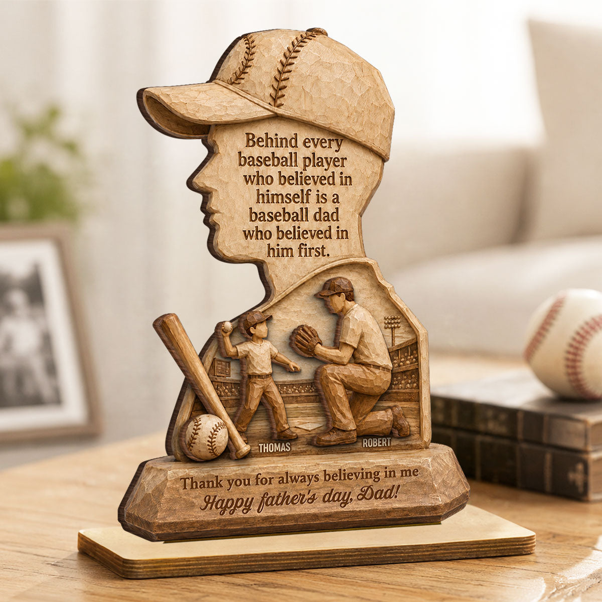 Behind Every Baseball Player is a Baseball Dad - Personalized 2-Layered Wooden Plaque -  Gift for Dad, Husband