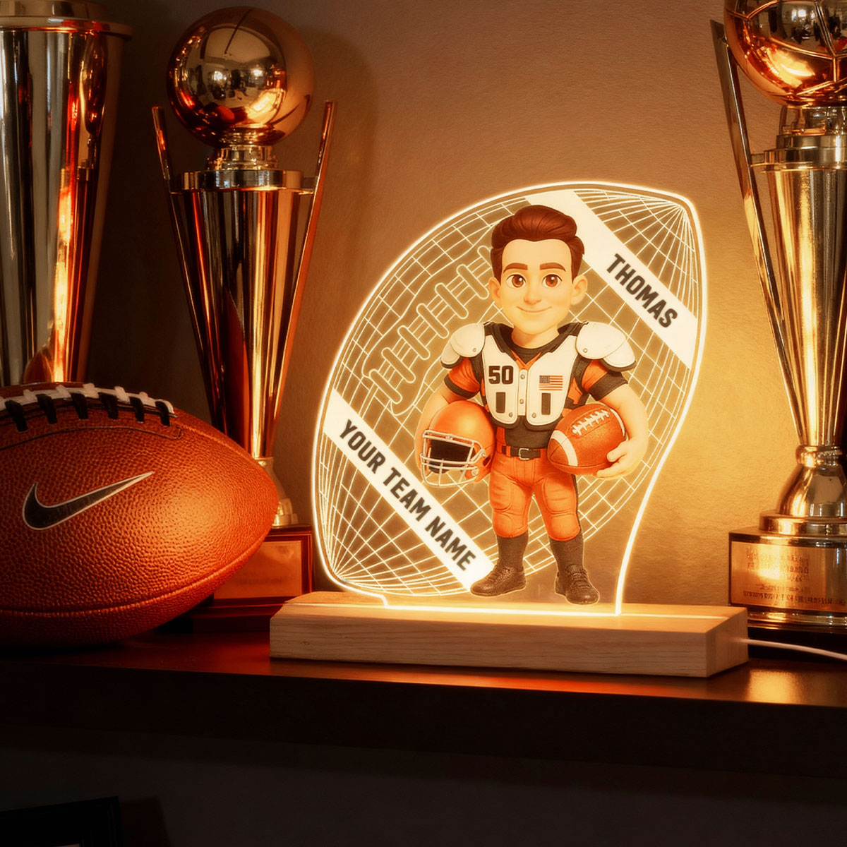 American Football 3D Illusion With Name - Personalize LED Night Light - Gift For Grandson, Son, American Football Lover