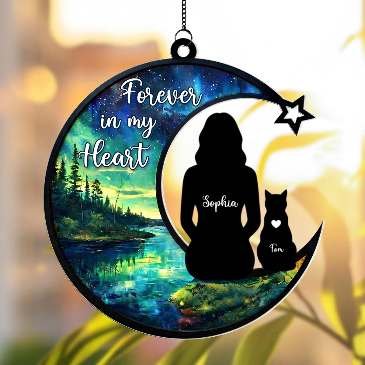 Cat Memorial Forever In My Heart - Personalized Stained Glass Suncatcher Ornament - Gift For Cat Lovers, Cat Mom