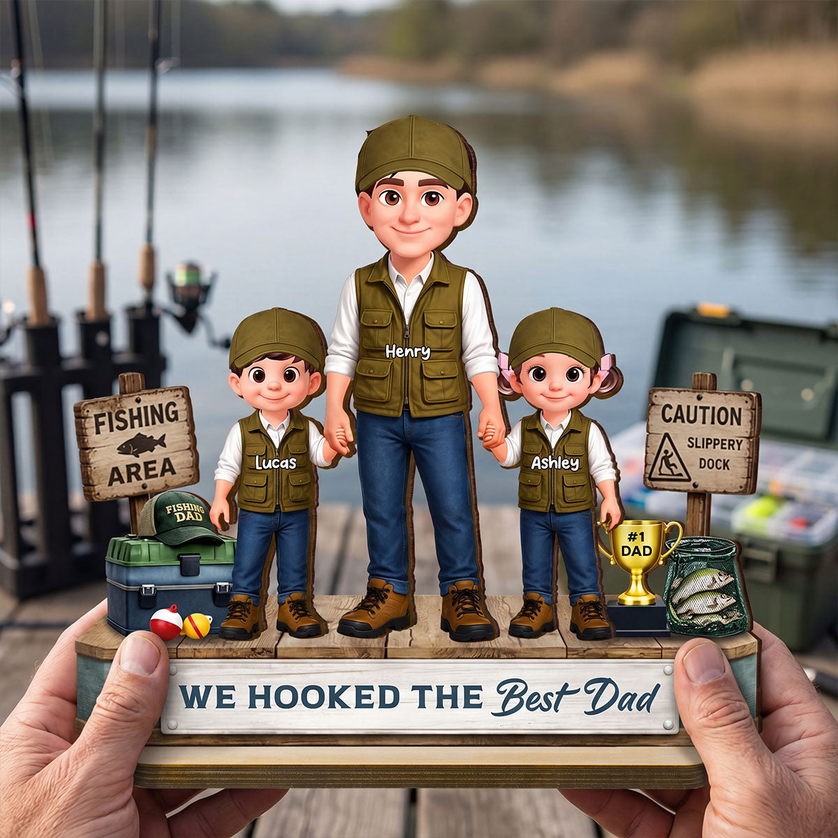 Fishing Dad And Kids We Hooked The Best Dad - Personalized 2-Layered Wooden Plaque - Heartfelt Gift For Dad, Gift For Husband