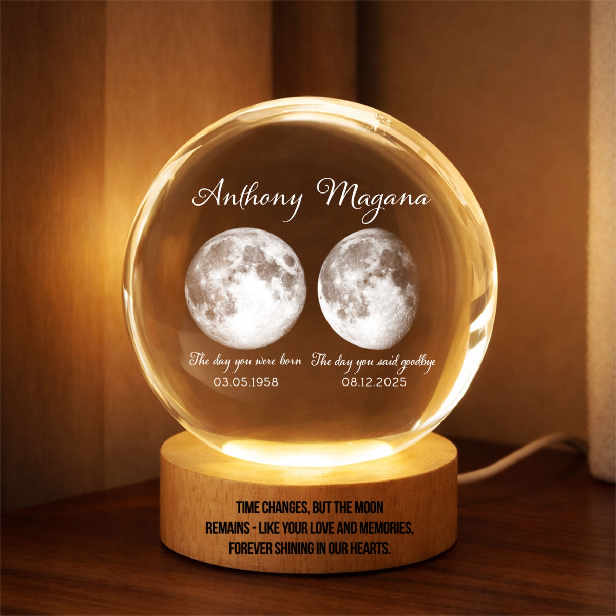 Lost Loved One Moon Phase Art - Personalized Crystal Ball LED Night Light - Memorial Keepsake Sympathy Gift