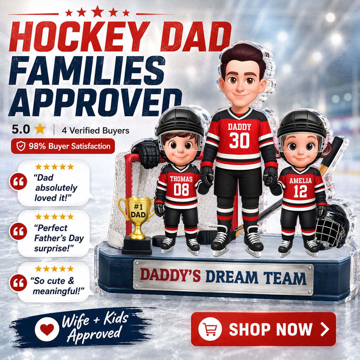 Daddy's Dream Team Hockey Dad & Kids - Personalized Acrylic Block Plaque -  Gift For Dad, Husband