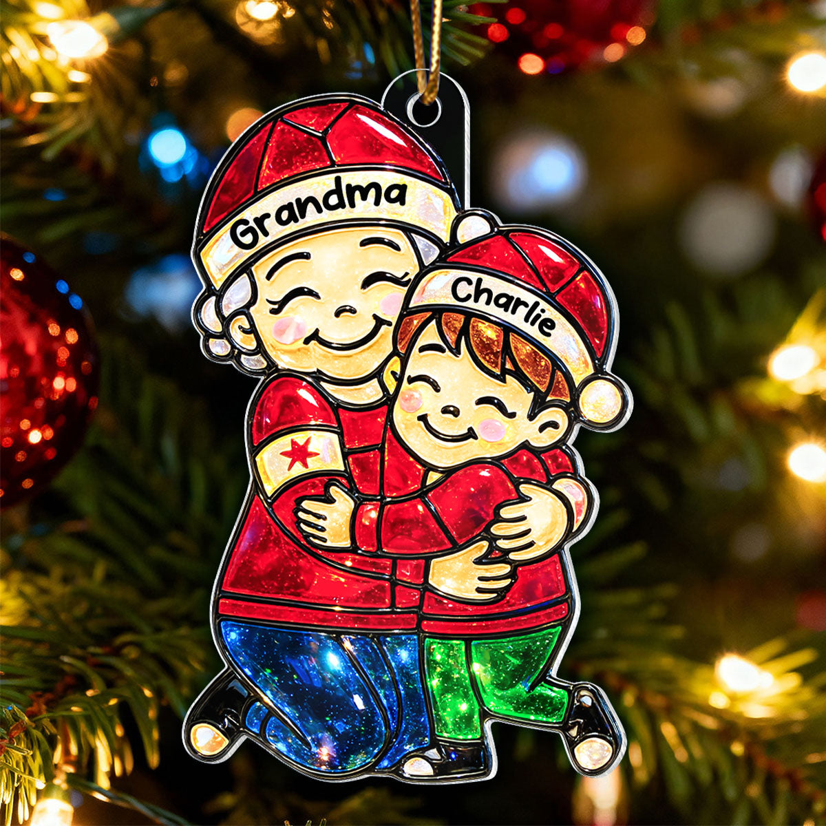 Grandma Hugging Grandkids Stained Glass Pattern - Personalized Acrylic Ornament - Heartwarming Christmas Gift For Grandma, Granddaughter, Grandson