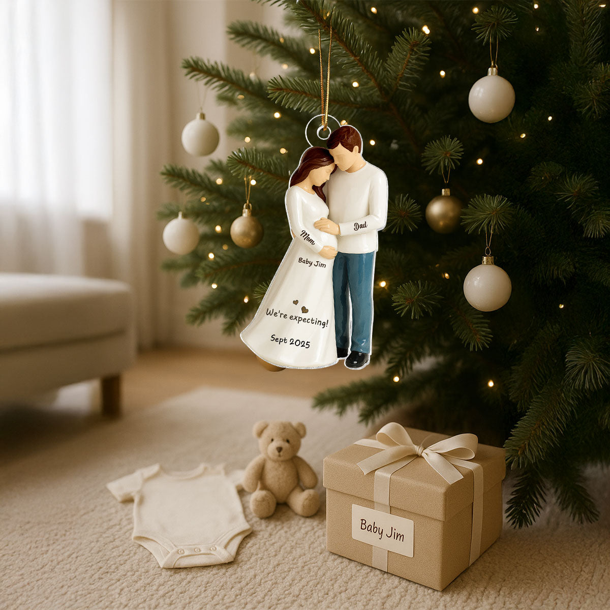 Waiting For You With All Our Hearts 3D Effect Couple Expecting Baby Personalized Flat Acrylic Ornament, Baby Shower Gift For Parents-to-be