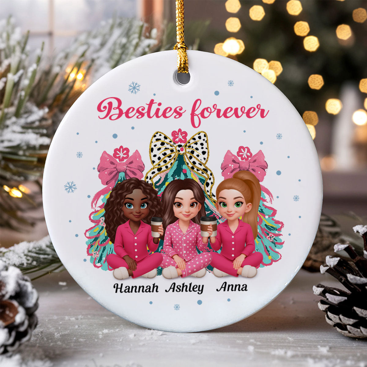 Pink Theme Coquette Christmas Tree Besties Forever - Personalized Ceramic Ornament - Christmas Gift For Best Friends
