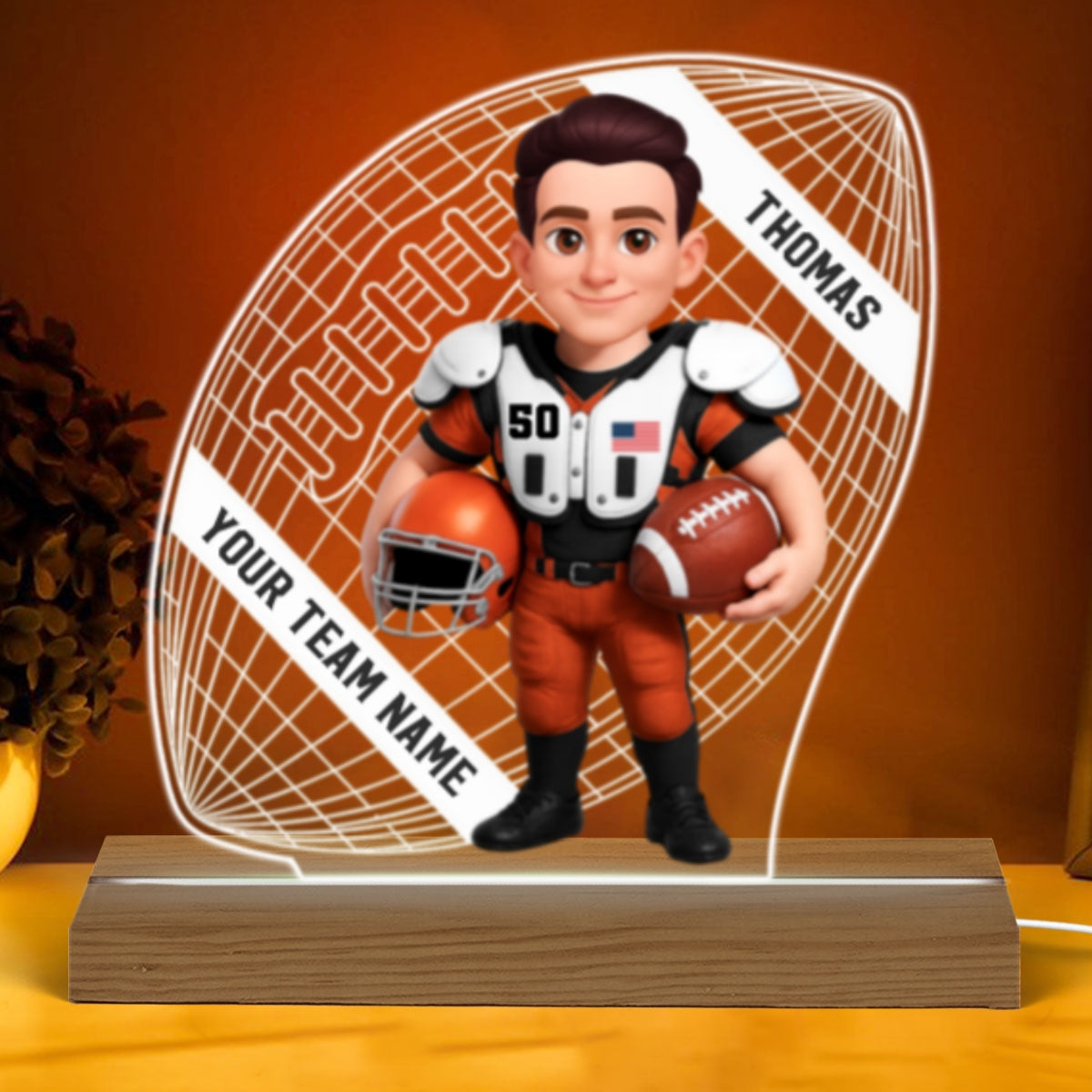 American Football 3D Illusion With Name - Personalize LED Night Light - Gift For Grandson, Son, American Football Lover