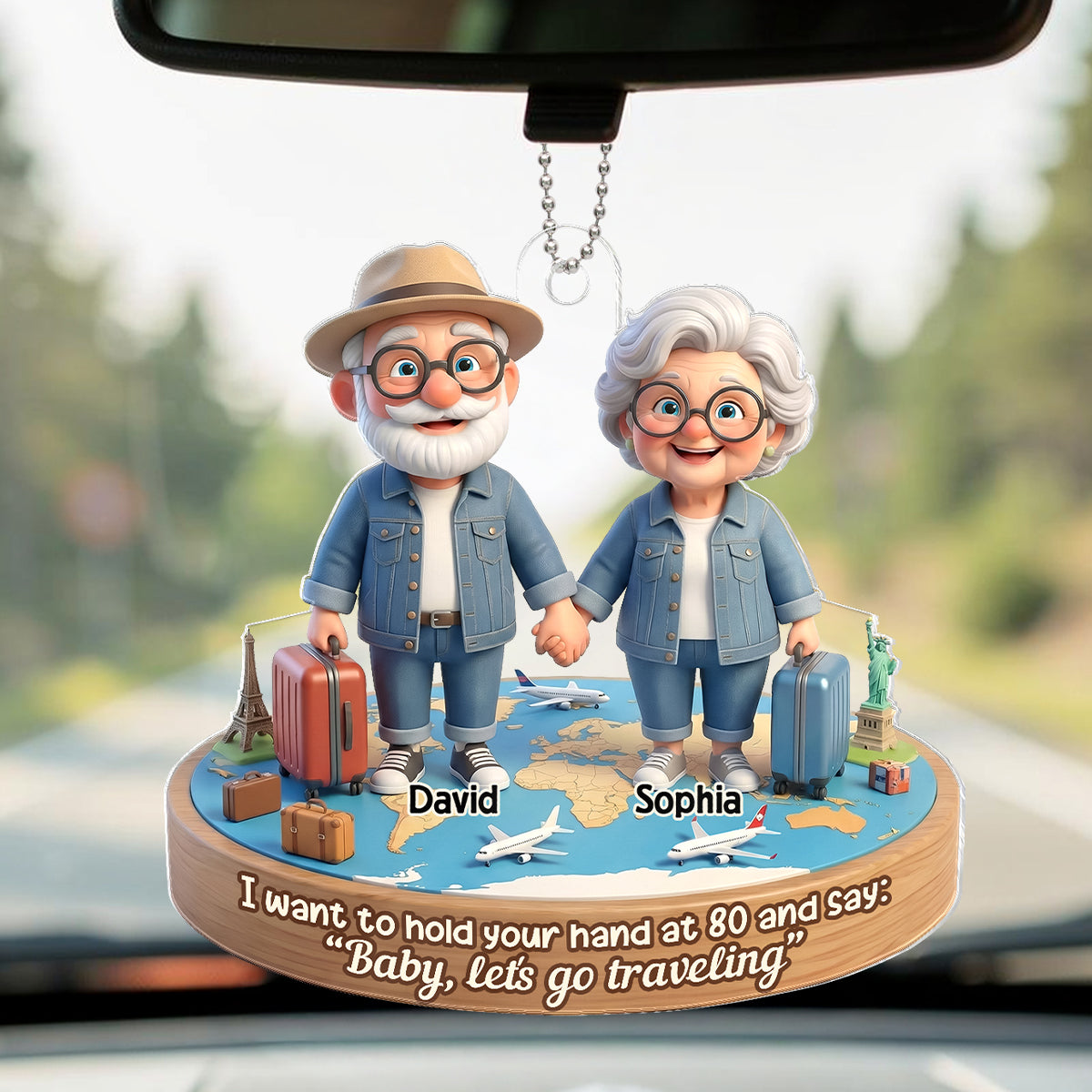 3D Effect Old Couple Baby Let's Go Traveling  - Personalized Acrylic Car Hanger - Sentimental Gift for him, for her
