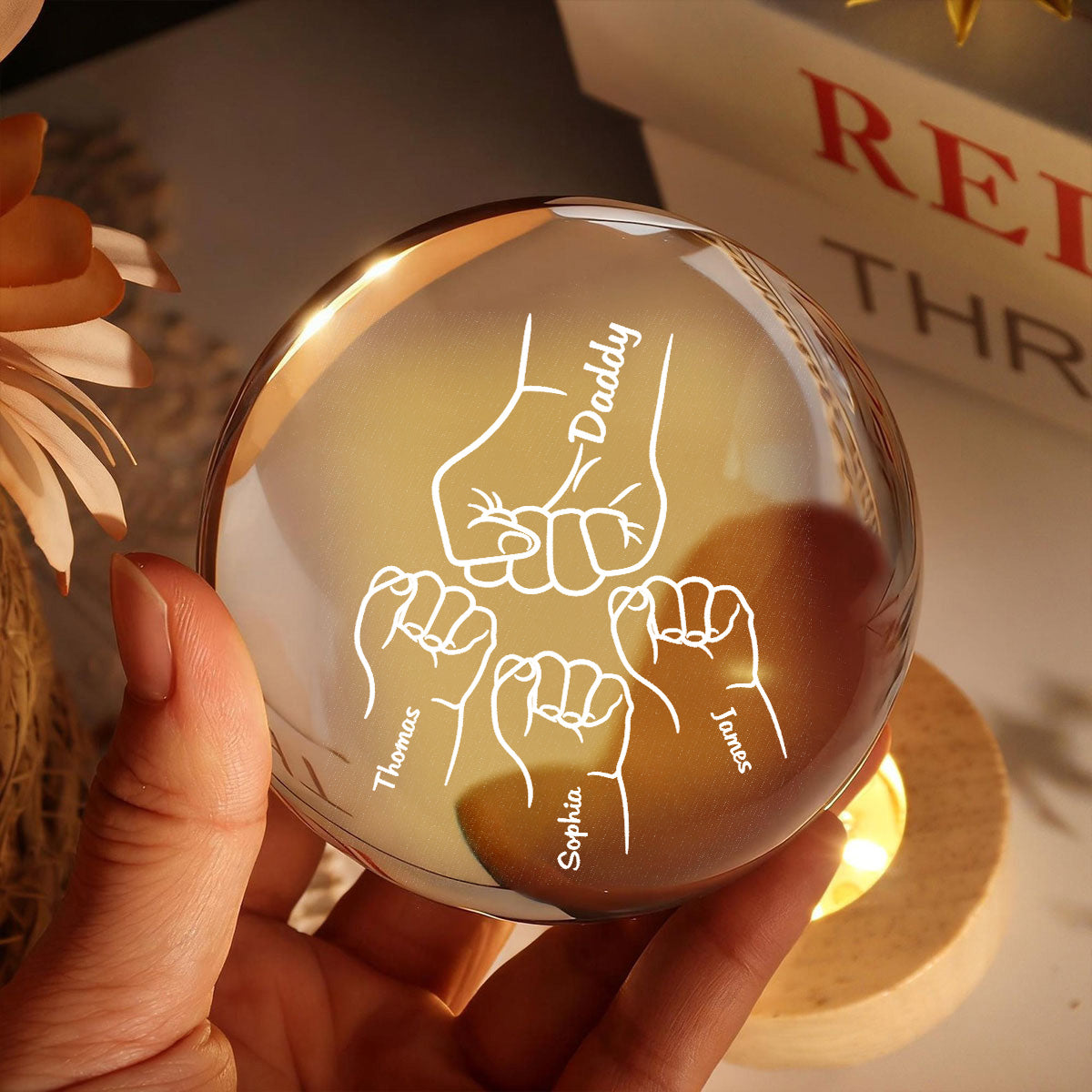 Dad Grandpa Fist Bump Custom Kids Names - Personalized Crystal Ball LED Night Light - Gift For Dad, Grandpa