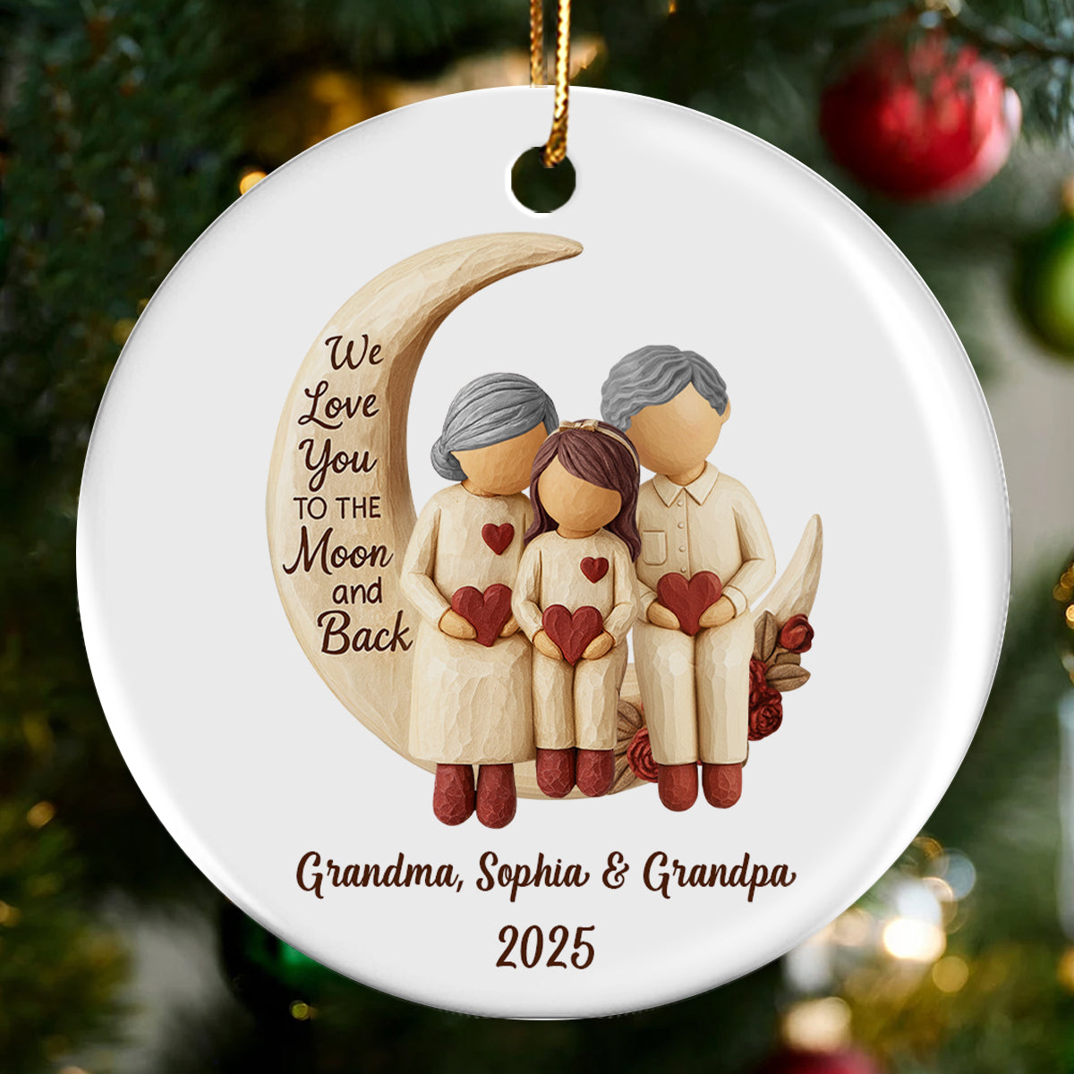 Grandma Grandpa Love You to the Moon & Back - Personalized Ceramic Ornament - Christmas Gift for Grandparents, Granchildren
