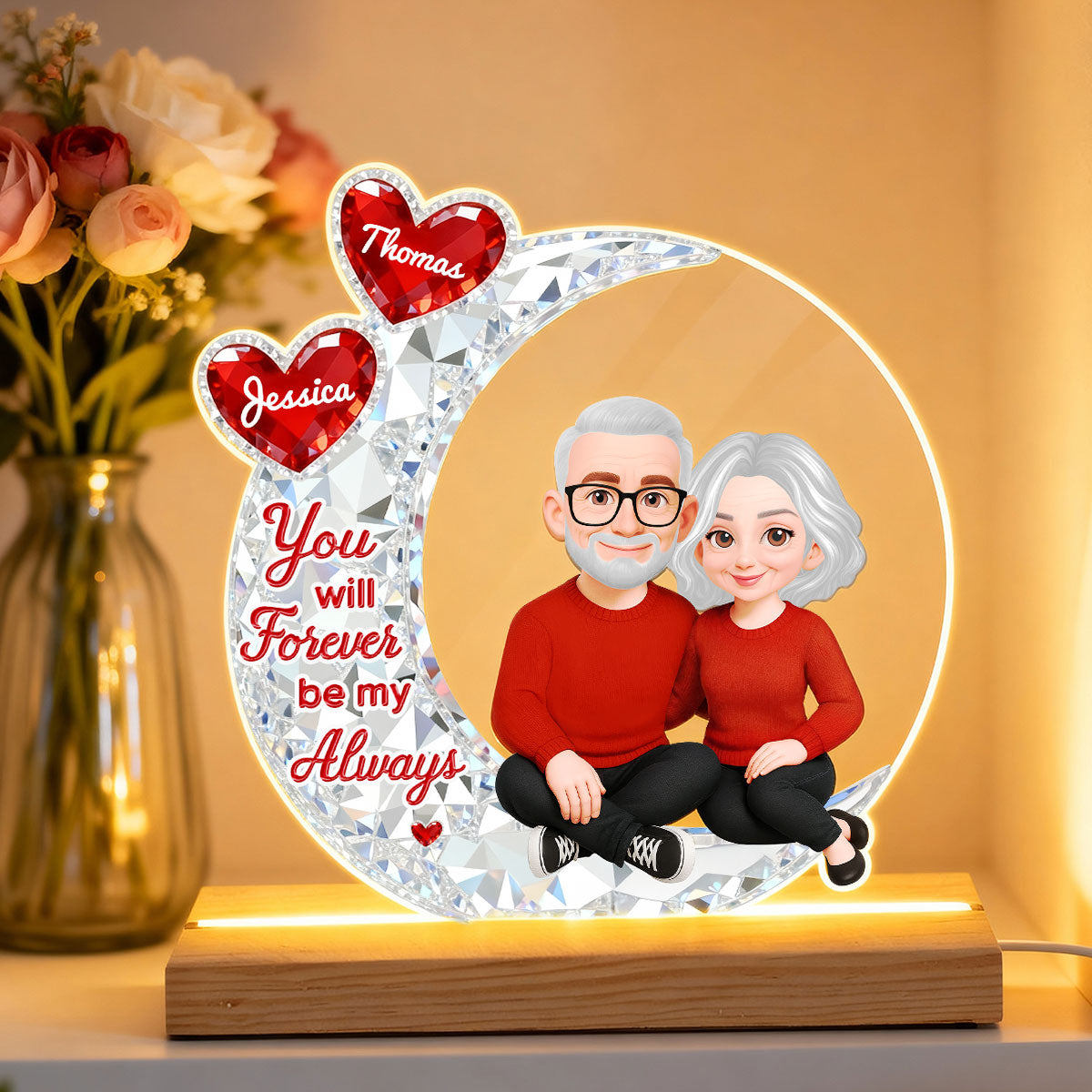 Eternal Love Couple Sitting On Moon - Personalized Plaque LED Night Light - Heartfelt Gift For Couple, Gift For Him, For Her
