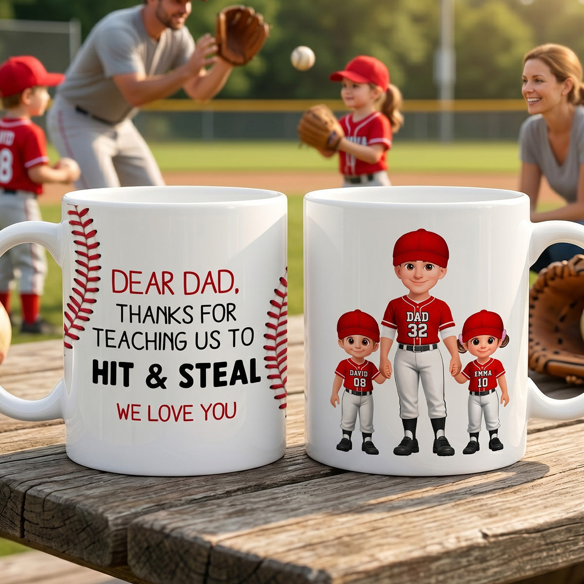Thank You For Teaching Us To Hit & Steal Baseball Dad & Kids Standing - Personalized Mug - Father's Day Gift For Dad, Husband