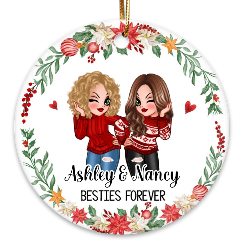 Christmas Wreath Besties Forever Best Friends Pretty Women Personalized Circle Ornament