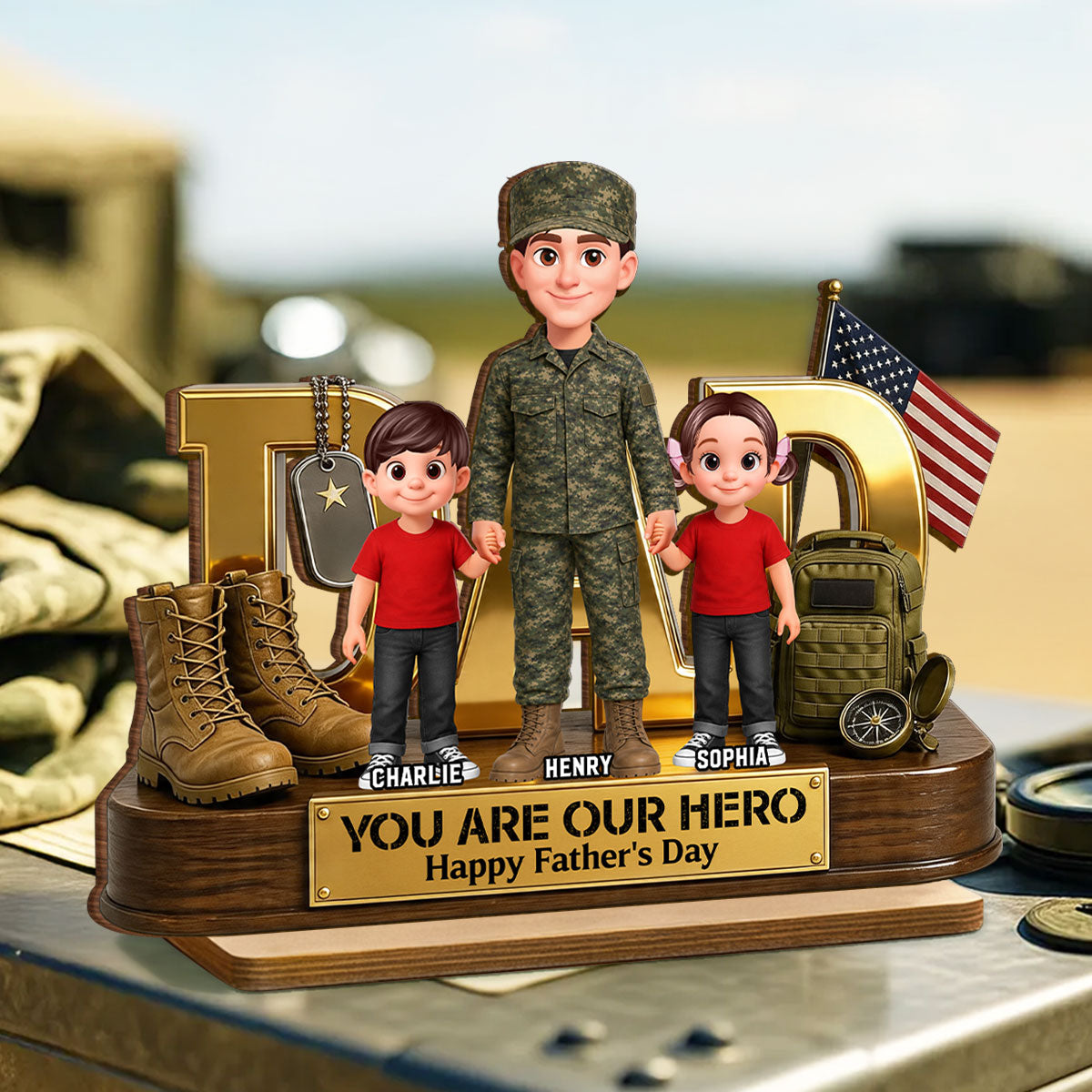 Proud American Millitary Dad - Personalized 2-Layered Wooden Plaque -  Gift For Dad, Husband