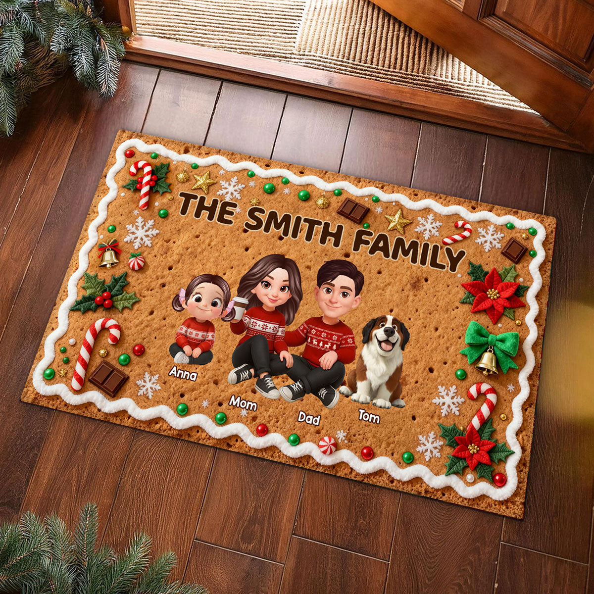 3D Effect Gingerbread Family Together Christmas - Personalized Doormat
