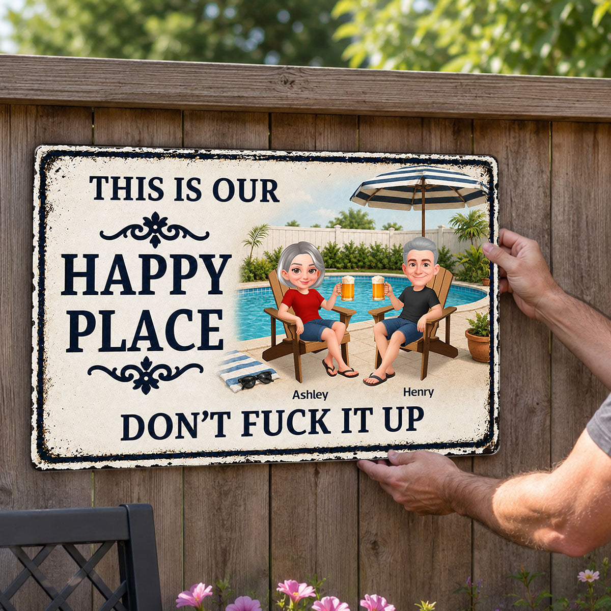 This Is Our Happy Place Poolside Paradise - Personalized Metal Sign - Funny Sarcasm Summer Decoration