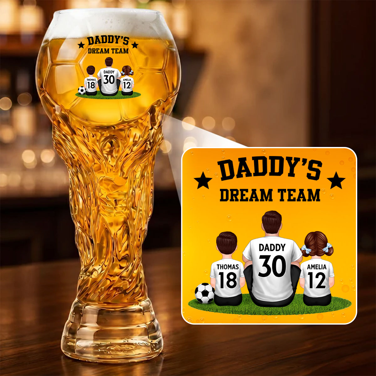 Daddy's Dream Team World Cup 2026 Football - Personalized Trophy Beer Glass - Match Day Beer Glass, Birthday Gift for Him, Gift for Dad