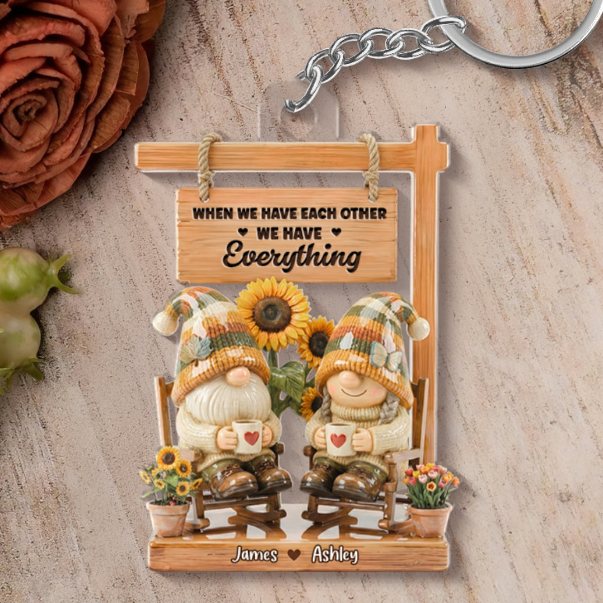 3D Effect Gnome Couple Sitting On Rocking Chair - Personalized Acrylic Keychain - Anniversary, Valentine's Day Gift For Him, Gift For Her