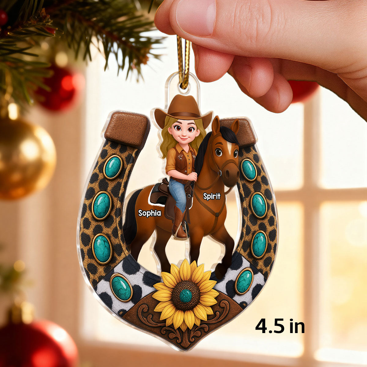 3D Effect Cowgirl And Her Horse Horseshoe - Personalized Acrylic Ornament - Christmas Gift