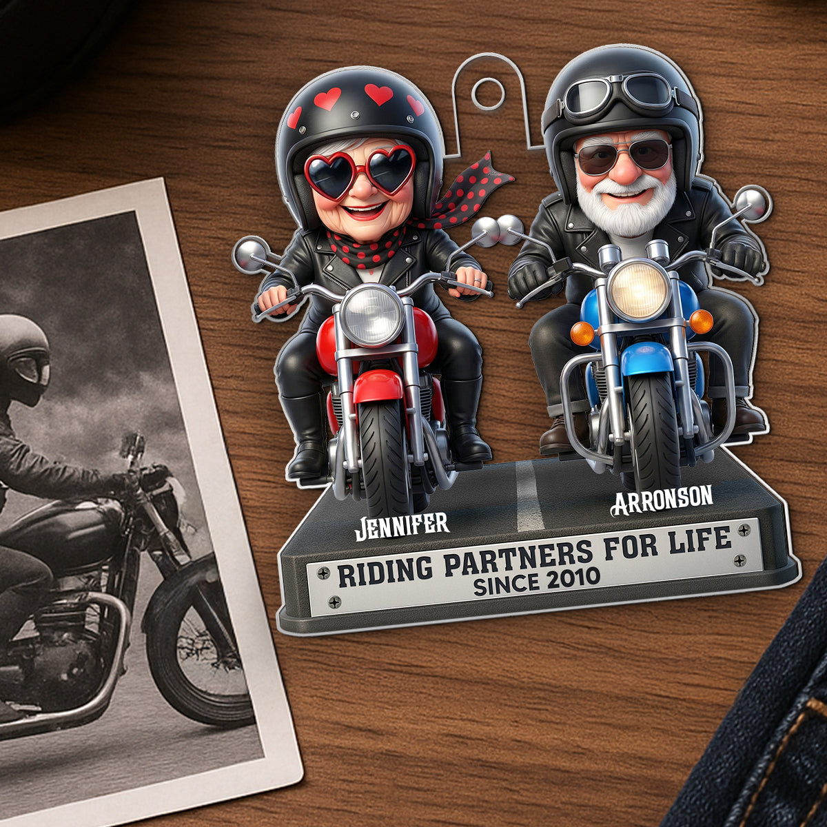 Old Biker Couple Riding Partners for Life - Personalized Acrylic Car Hanger - Sentimental Gift for her, for him